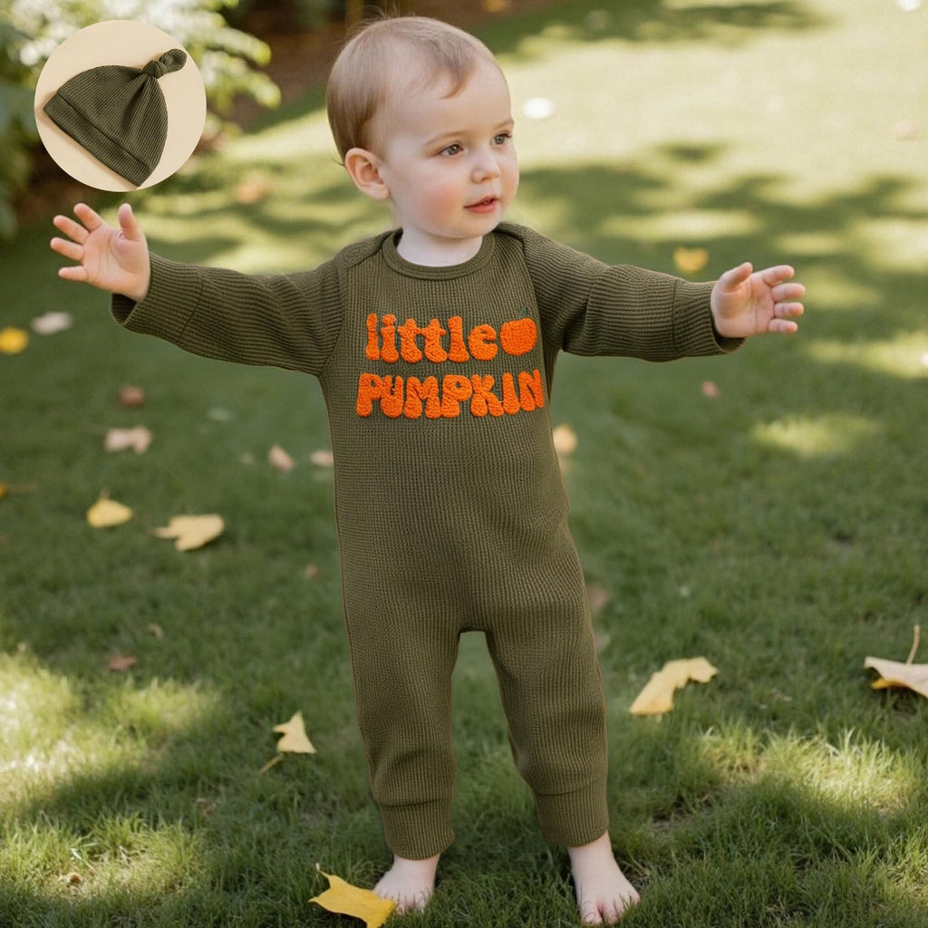 Doqcey Newborn Infant Baby Boy Halloween Outfit Little Pumpkin Embroidery Romper Waffle Knit Long Sleeve Jumpsuit with Hat (Green, 3-6 Months)