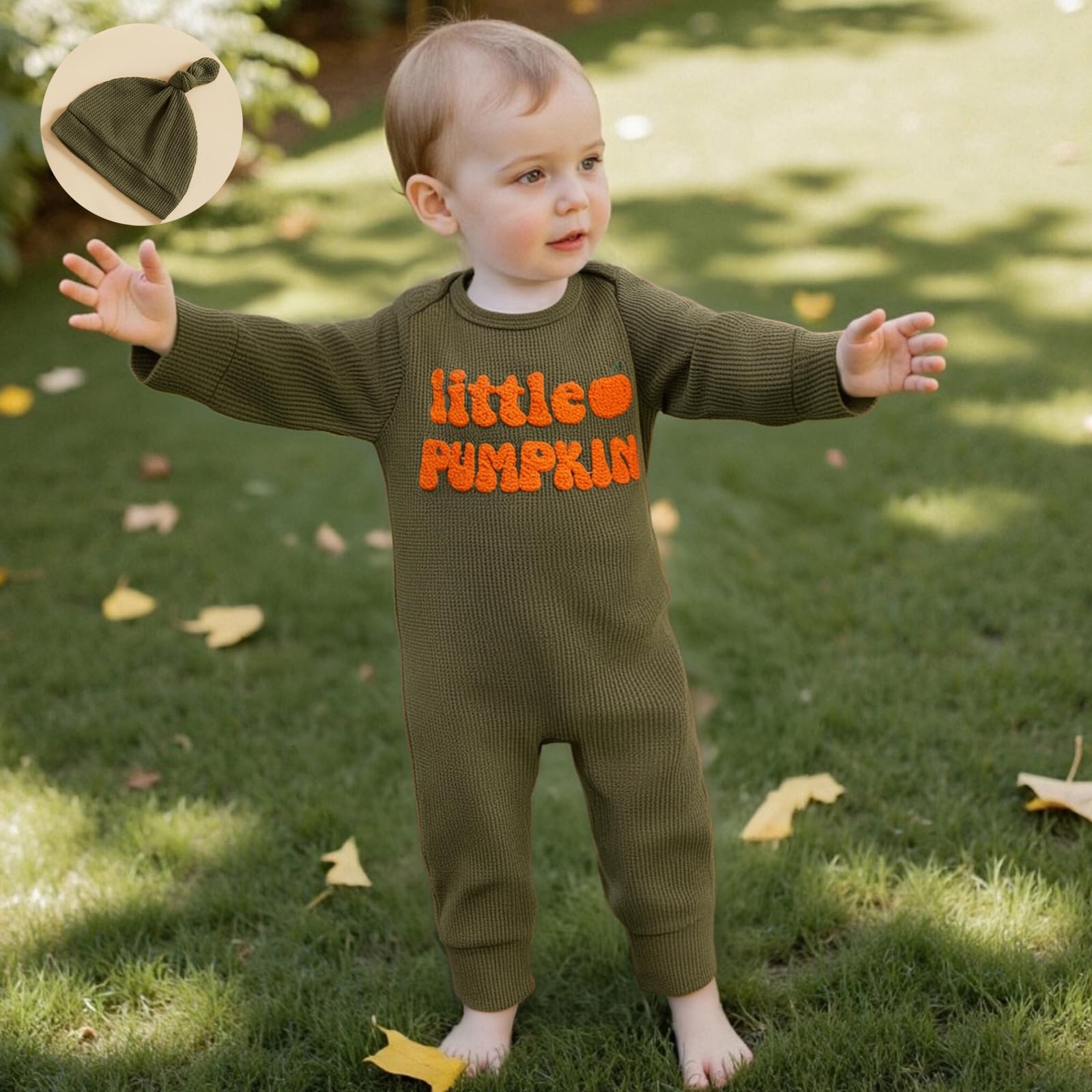 Doqcey Newborn Infant Baby Boy Halloween Outfit Little Pumpkin Embroidery Romper Waffle Knit Long Sleeve Jumpsuit with Hat (Green, 3-6 Months)