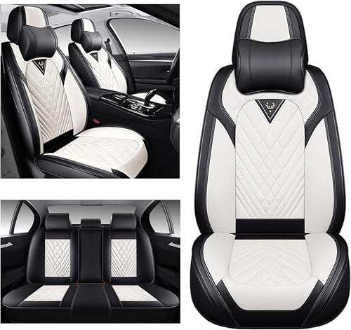Arocx Car Seat Covers,Waterproof PU Leather Automotive Seat Covers Full Set for Cars SUV Truck Sedan,Universal Anti-Slip Seat Protector Breathable Seat Cover (5 Seat-Headrest,Creamy White)