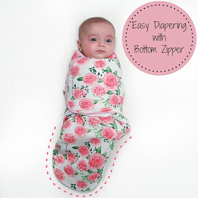 LollyBanks Swaddles 100% Organic Cotton Baby Girl Essentials, 0-3 Months Newborn Girl Swaddles, Swaddle with Easy Change Zipper, Swaddle Sack for Baby Girl (Peony Print)