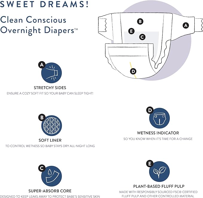 The Honest Company Clean Conscious Overnight Diapers for Sensitive Skin, Hypoallergenic Fragrance-Free Baby Diapers, Cozy Cloud and Star Signs Design, Club Box, Size 5 (27+ lbs), 40 Count