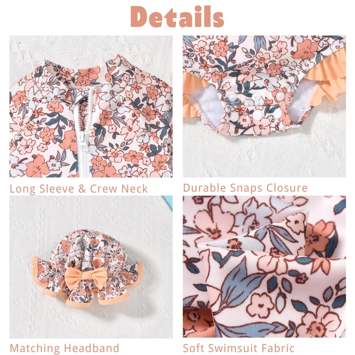 Infant Baby Girls Long Sleeve One Piece Swimsuit Bathing Suit Zip Up Swimwear Beach Wear 3-6 Months Floral
