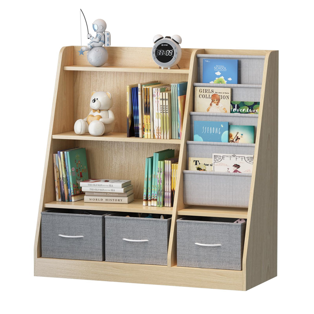 HedoAjim Kids Bookshelf Wood Montessori Toy Storage Organizer Cabinet Shelf Child Bookcase Toddler Baby Sling Book Rack 3 Cube Bin Fabric Drawers for Playroom Bedroom Nursery School
