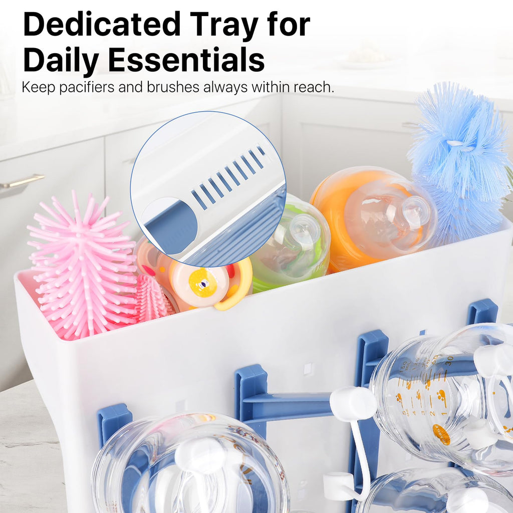 Baby Bottle Drying Rack with Drain Board, Vertical Space Saving Bottle Dryer Holder for Countertop, Large Capacity Organizer Stand for Glass Bottles, Pump Parts, Pacifiers, Cups & Accessories (Blue)