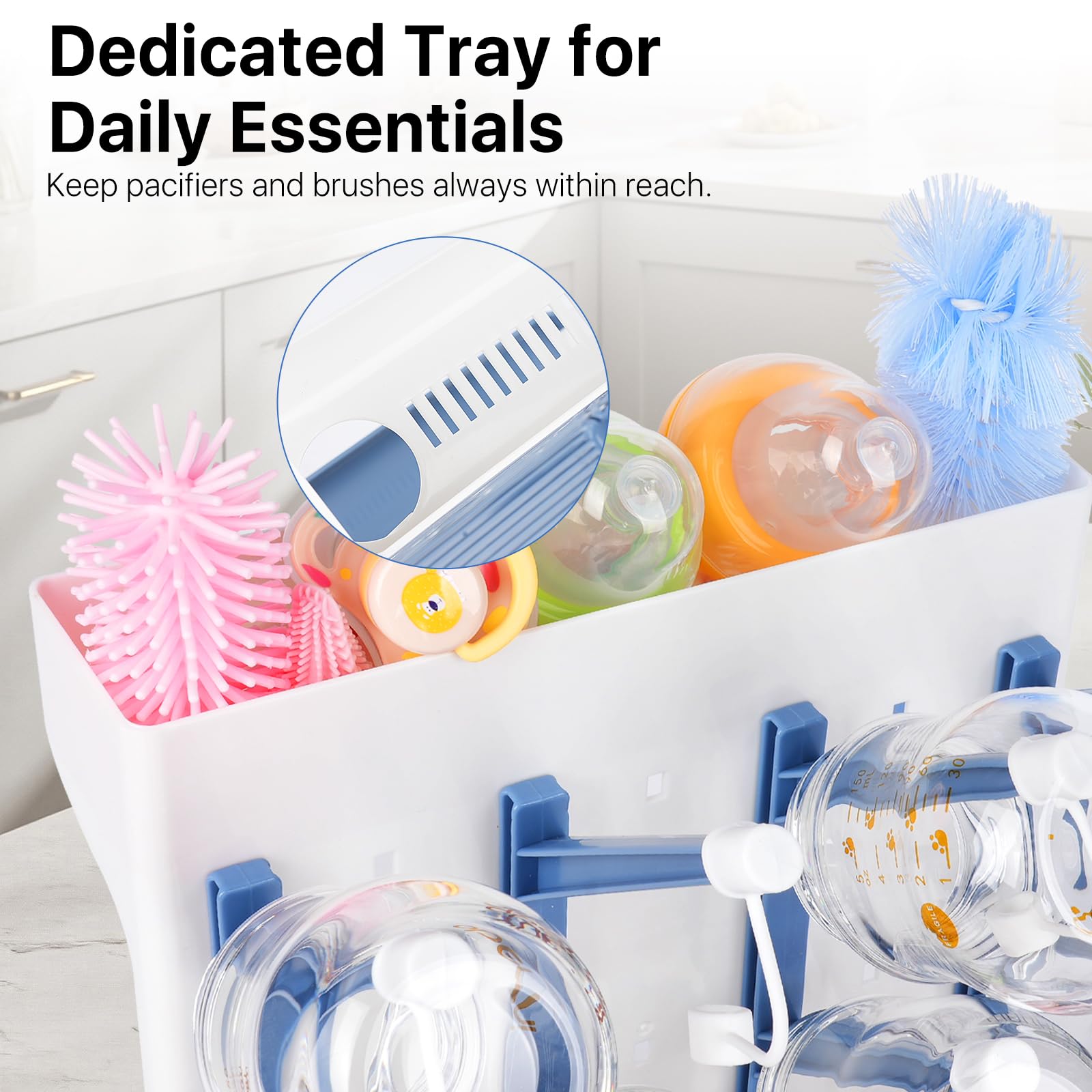 Baby Bottle Drying Rack with Drain Board, Vertical Space Saving Bottle Dryer Holder for Countertop, Large Capacity Organizer Stand for Glass Bottles, Pump Parts, Pacifiers, Cups & Accessories (Blue)