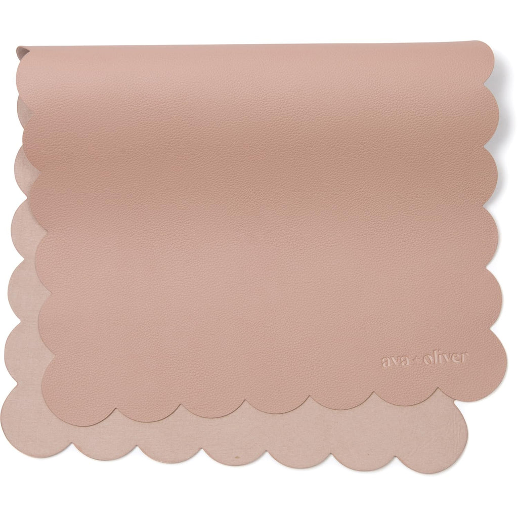 Vegan Leather Baby Changing Mat 16x30in, Wipeable, Foldable, Pink Scallop