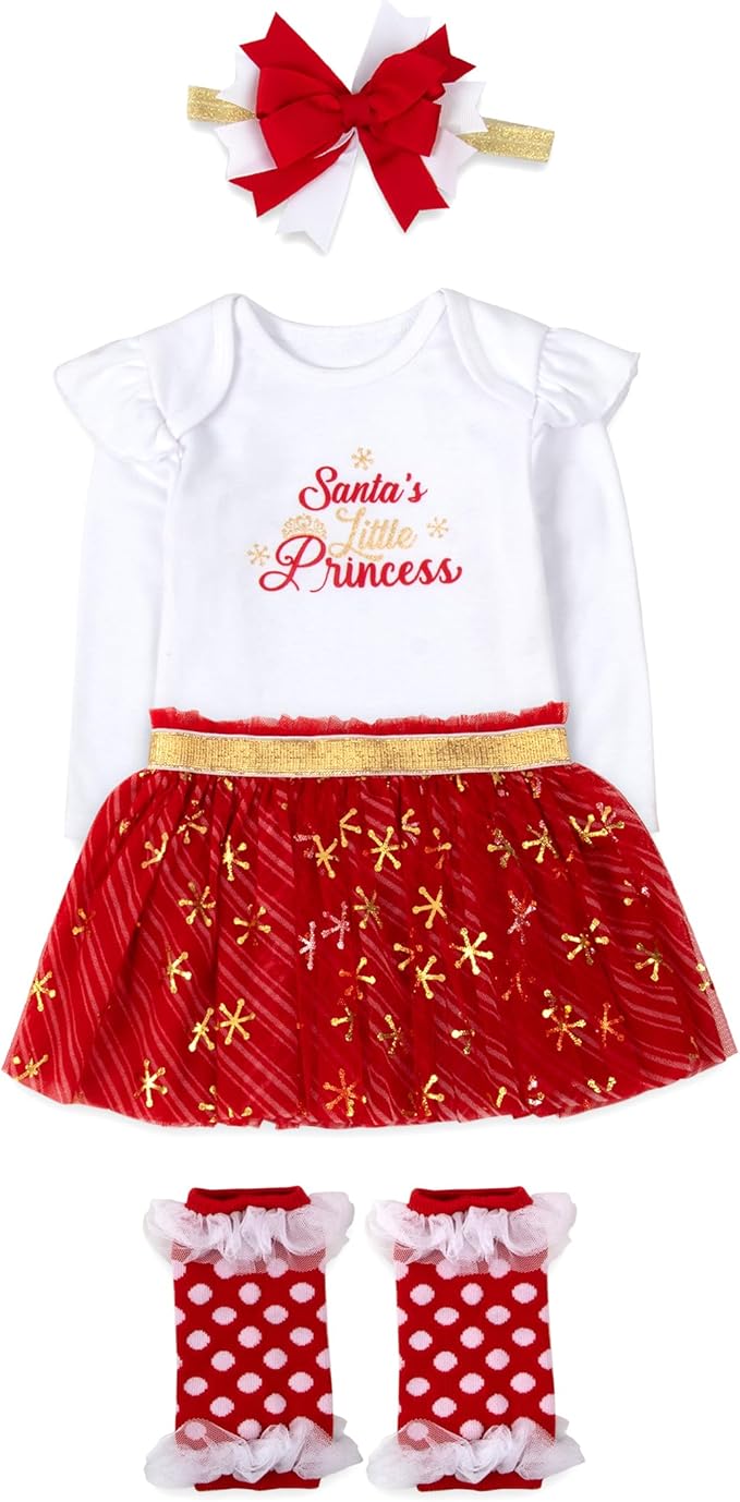 Baby Girl Holiday Outfit 4-Piece Set – Long Sleeve Bodysuit, Pants, Tutu Skirt & Headband – Halloween, Thanksgiving