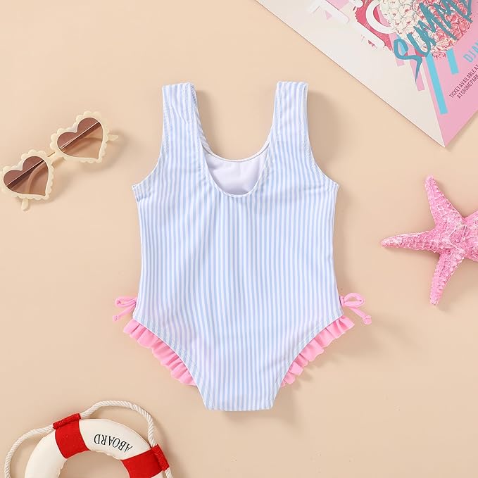 YOUNGER TREE Toddler Swimsuit Girl Cute Stripe One-Piece Ruffle Swimwear Baby Girl Bathing Suits with Bow