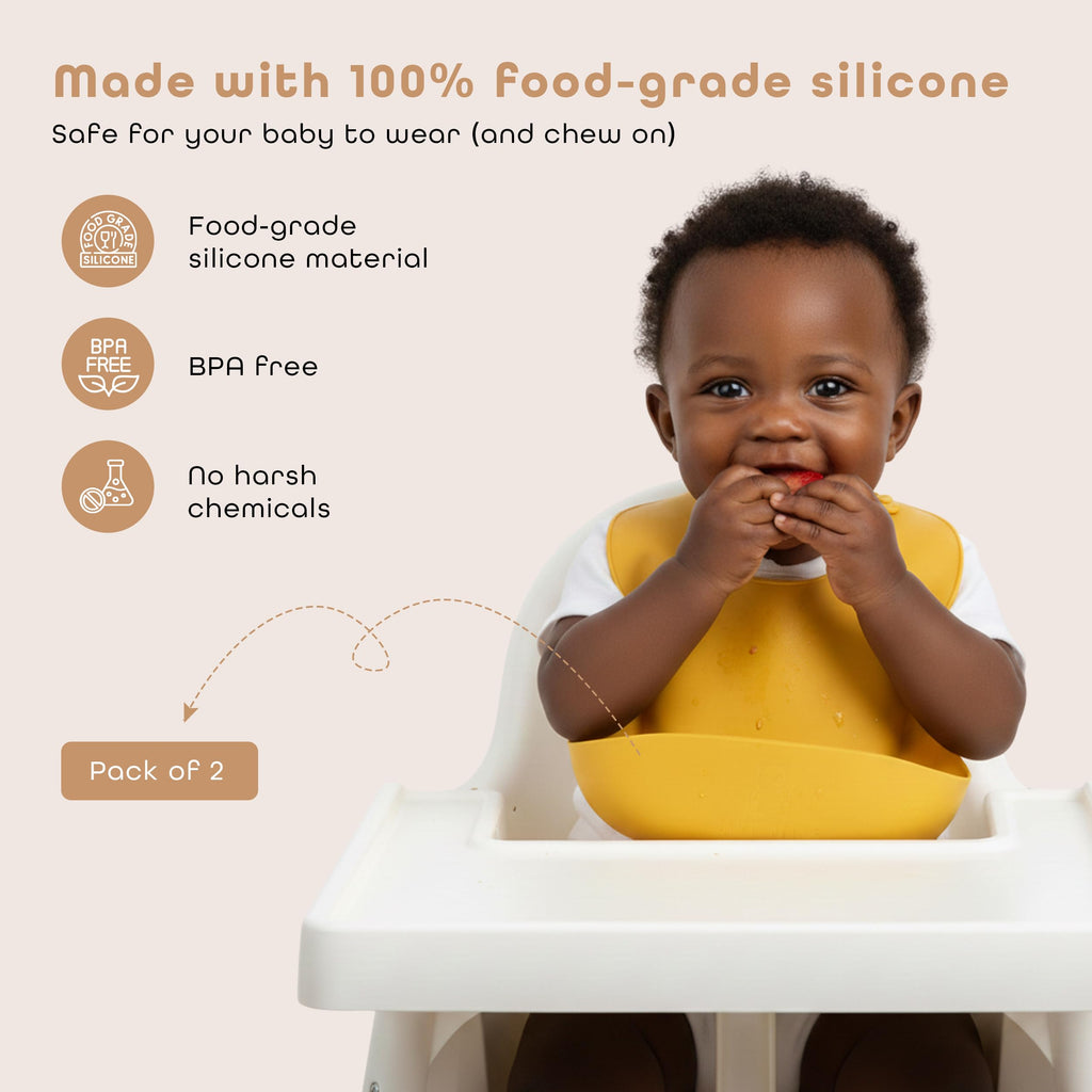 Baby Bliss Silicone Baby Bibs (2-Pack) – Waterproof Soft Silicone Feeding Bibs with Food Catcher for Babies & Toddlers, Adjustable Neck, BPA-Free, Unisex for Boys & Girls