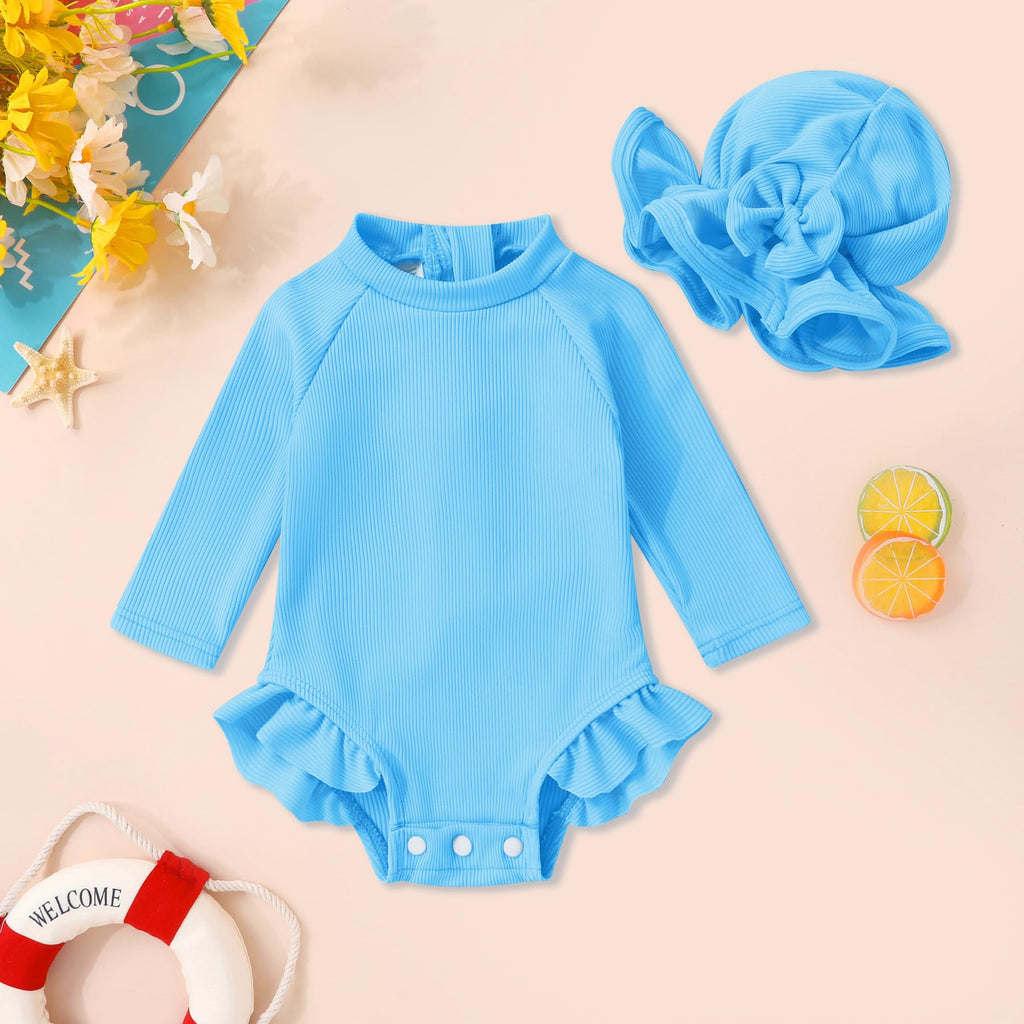 YOUNGER TREE Infant Baby Girls Swimsuit Long Sleeve One Piece Swimsuit Solid Color Bathing Suit with Hat, UPF 50+ (Blue, 18-24 Months)