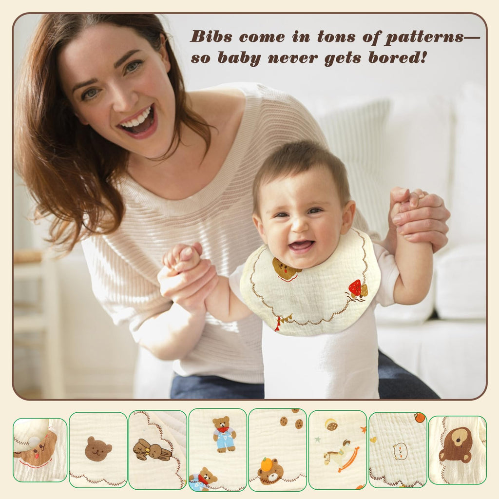 EllieHouse Baby Bibs for Girls Boys 8 Pack Muslin Drool Teeth Drooling Teething Bibs Muslin Cotton for Toddler Infant Essentials(Camel)
