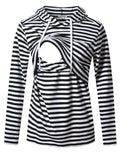 GINKANA Women's Nursing Pullover Hoodie Long Sleeves Sweatshirt Maternity Casual Nursing Top,Black with White Stripes,L