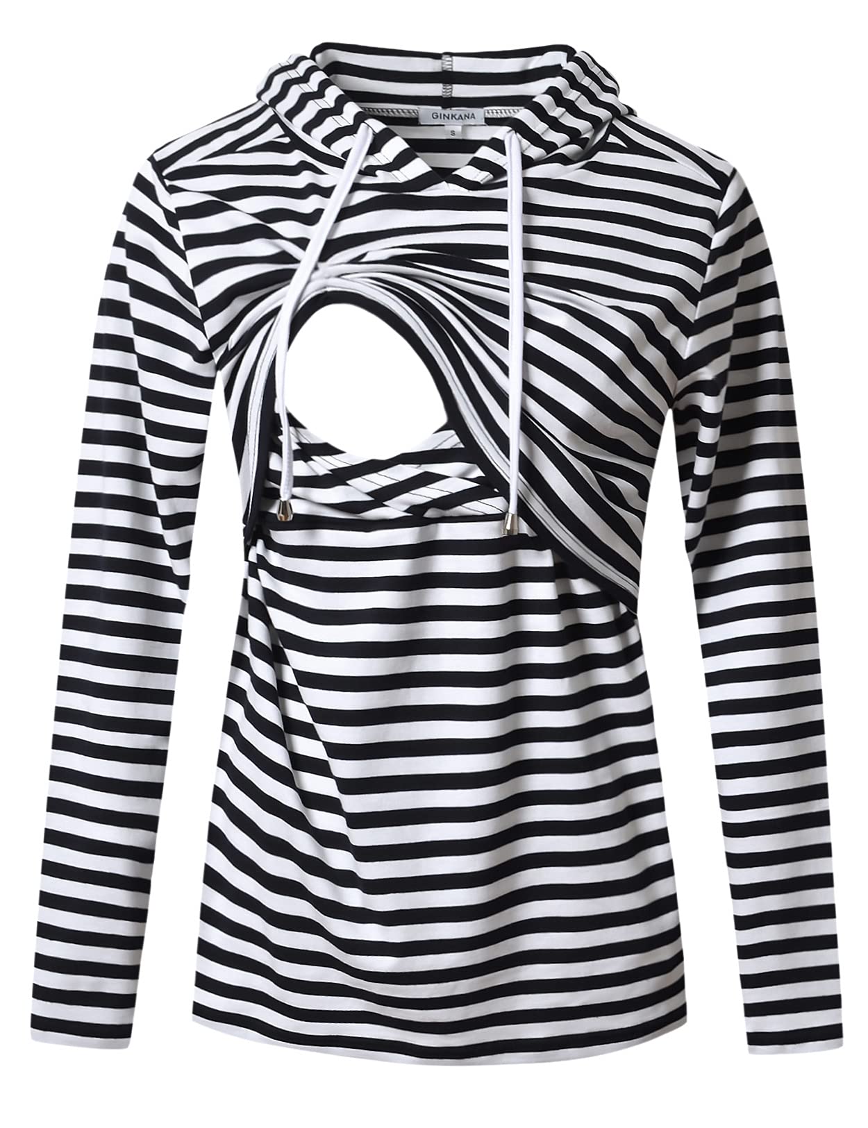 GINKANA Women's Nursing Pullover Hoodie Long Sleeves Sweatshirt Maternity Casual Nursing Top,Black with White Stripes,L