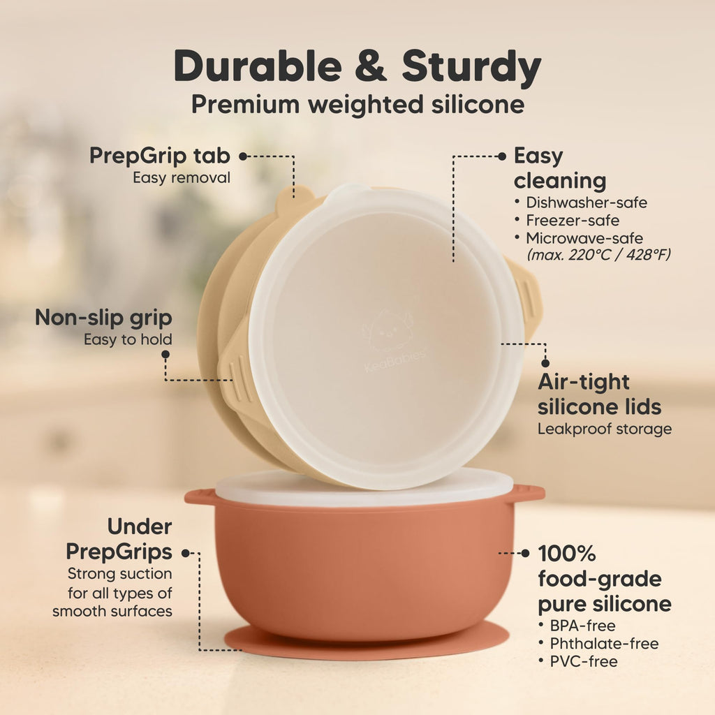 KeaBabies 2-Pack Baby Bowls with Suctions, Lids, Silicone (Terracotta)