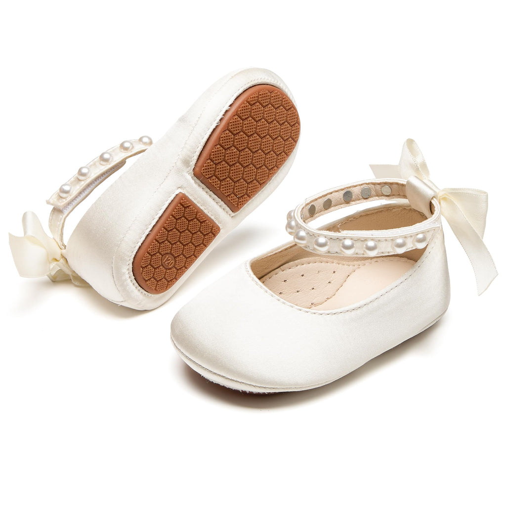 PHIRAMIN Baby Girls Satin Ivory White Mary Jane Flats - Infant 12-18 Months Walking Shoes Soft Rubber Sole Princess Wedding