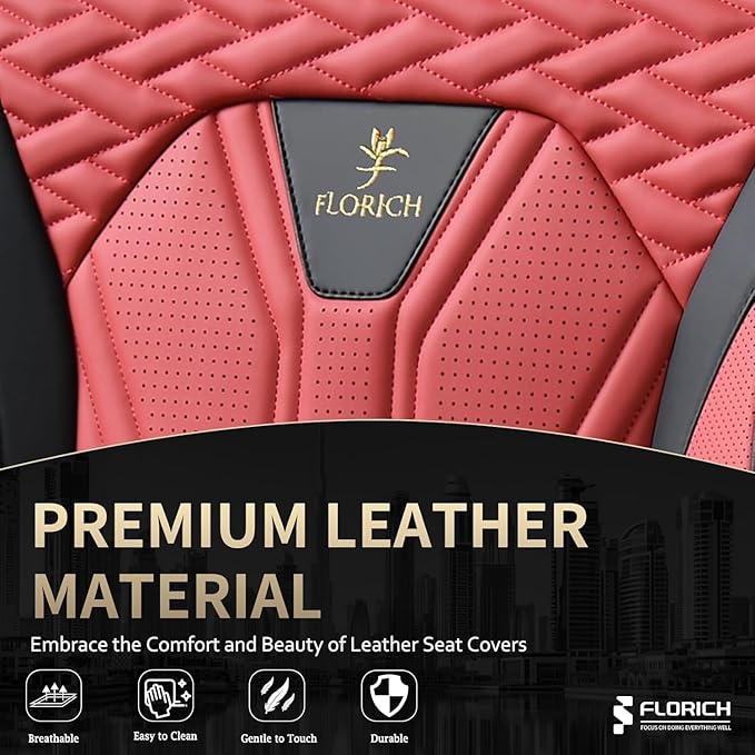 FLORICH Leather Seat Covers Automotive Seat Covers Car Seat Covers Full Set Car Seat Protectors 5 Seats Driver Seat Covers Fit for Most Cars Trucks SUV-Black&Burgundy