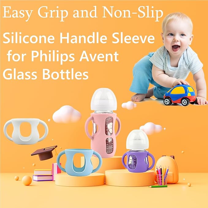 4 Pack Silicone Sleeves for Avent Natural Glass Baby Bottles, Silicone and Easy-Grip Handles for Drop Protection, Compatible with Philips Avent 4/8 OZ Glass Bottle (Light Blue, 8 OZ)