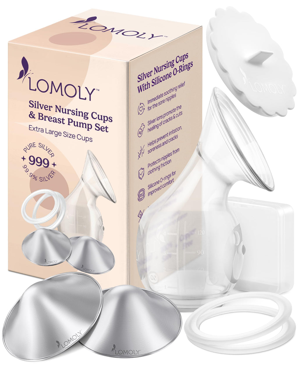 LOMOLY Silver Nursing Cups: Pure 999 Silver Nipple Shield to Relieve Soreness; Silver Nipple Covers Breastfeeding Set w/Breast Shells, Silicone Rings, and Hands-Free Breast Pump