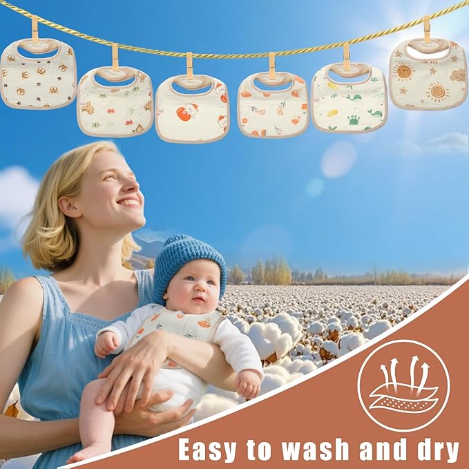 Muslin Baby Bibs,Pure cotton absorbent and breathable, suitable for boys and girls aged 0 to 36 months, 6-piece set