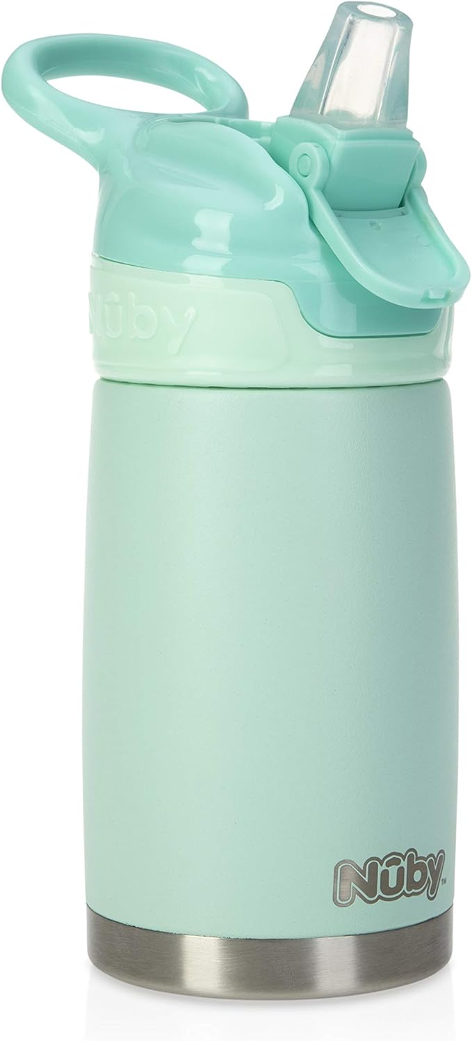 Nuby Thirsty Kids No Spill Flip-It Reflex Stainless Steel Travel Cup or Water Bottle - 10 Oz - 18+ Months - Aqua Mint - Back to School Essentials