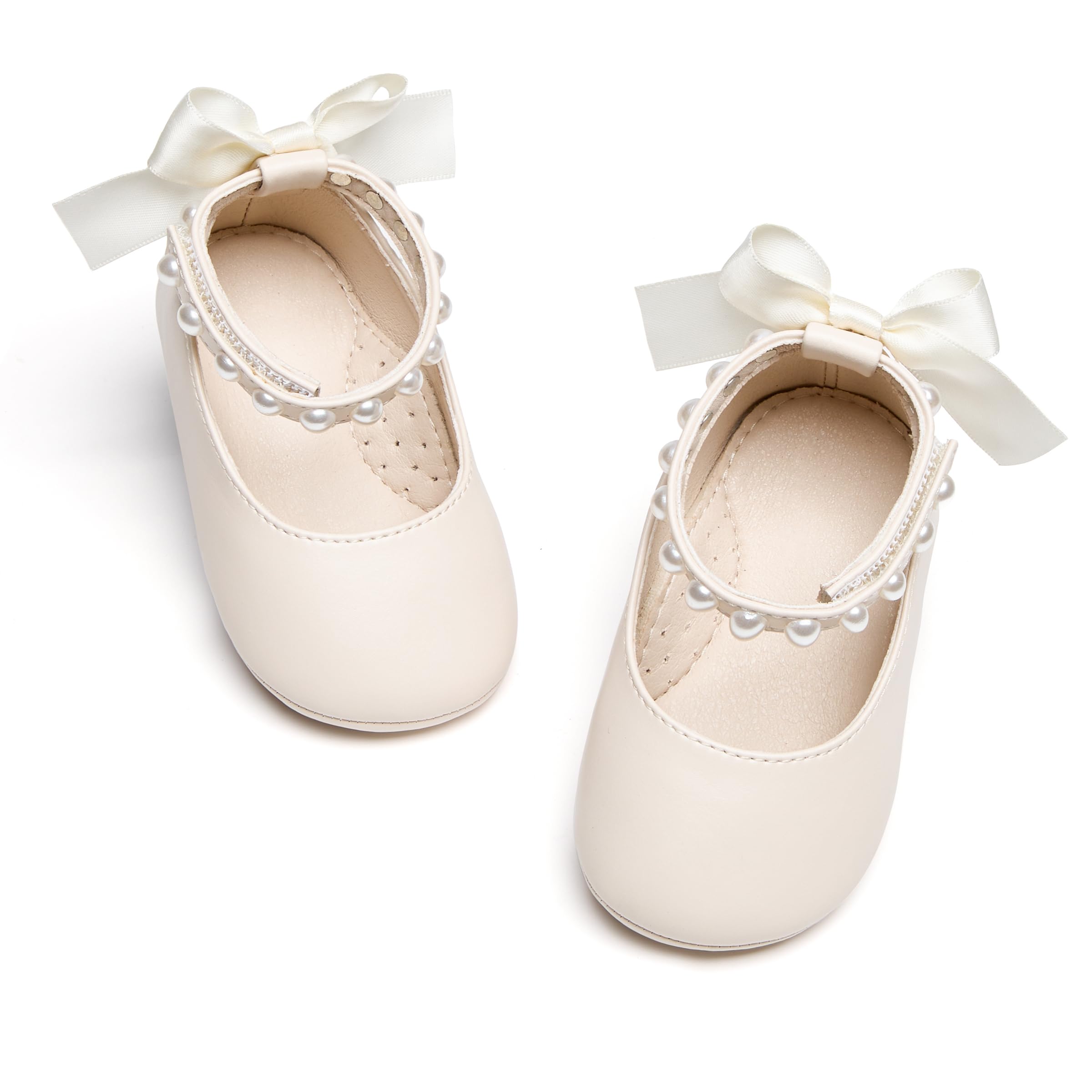 PHIRAMIN Baby Girls Beige Mary Jane Flats - Infant 9-12 Months Walking Shoes Soft Rubber Sole Princess Wedding