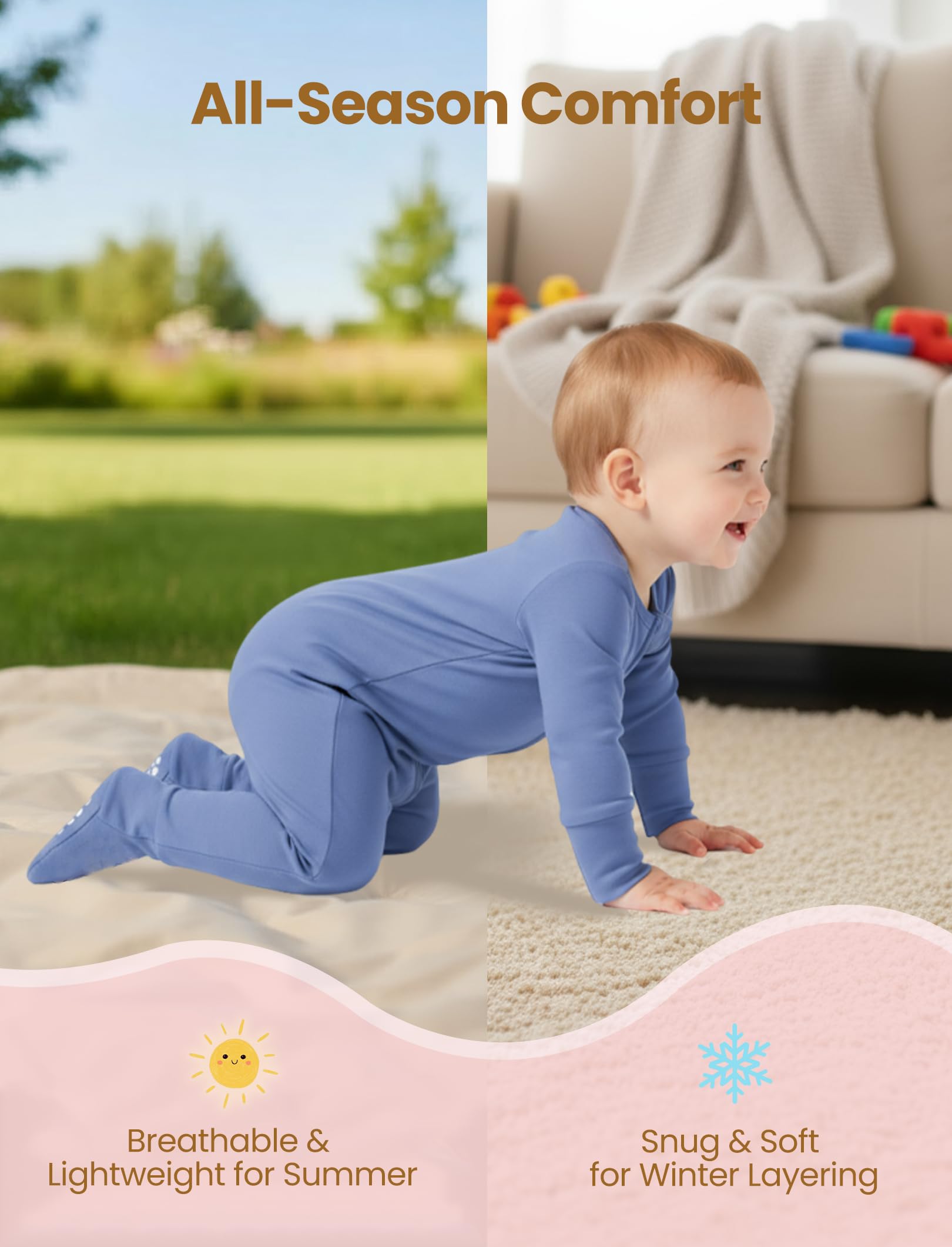 PATPAT Baby Footies Boys Girls - Bamboo Viscose - 2 Way Zipper & Non-Slip Soles Romper Mitten - Footed & Footless Infant Clothes Unisex Jumpsuit 2 Pack Blue 18-24 Months
