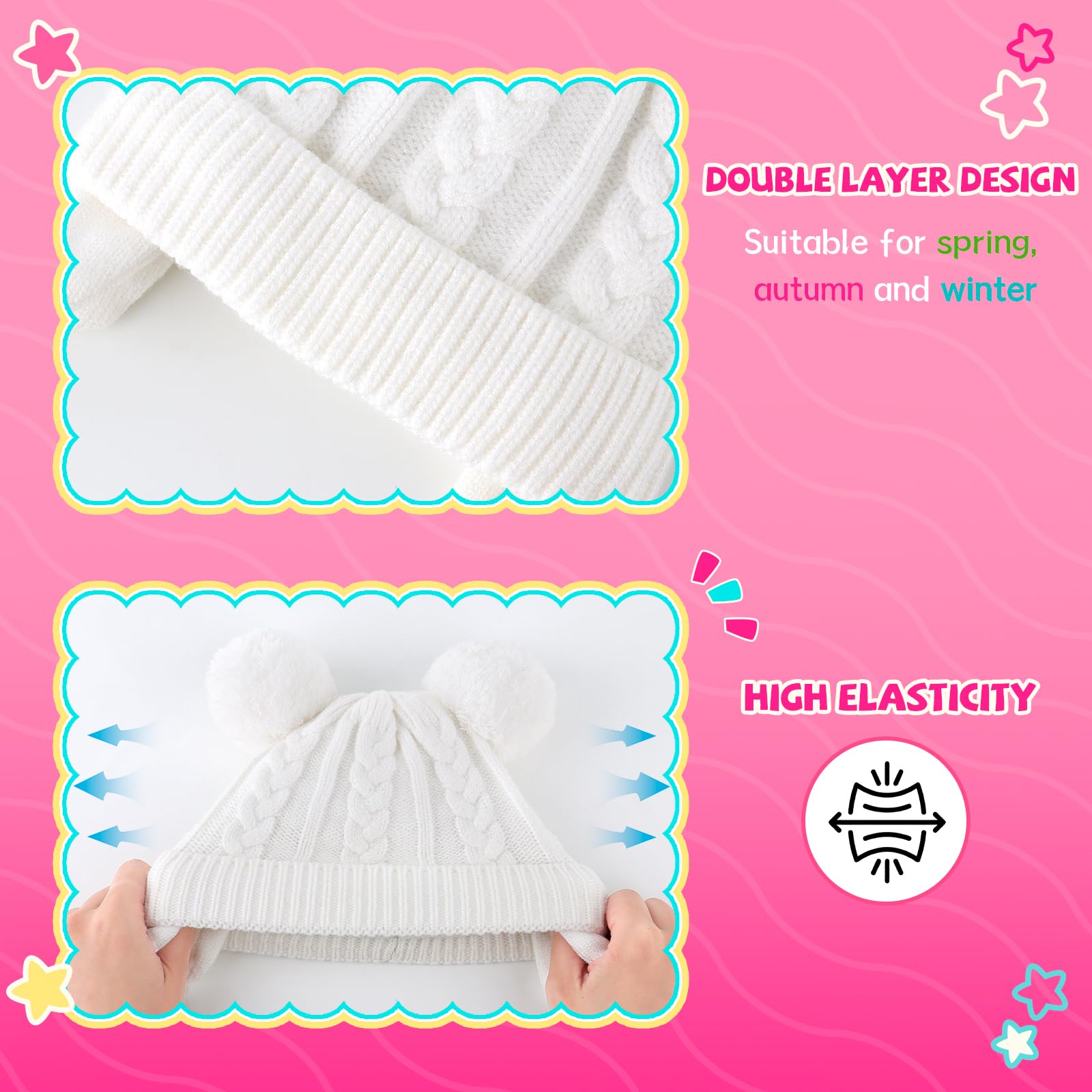Duoyeree Toddler Winter Hat, Earflap Double Pom Pom Knit Beanie 0-36M