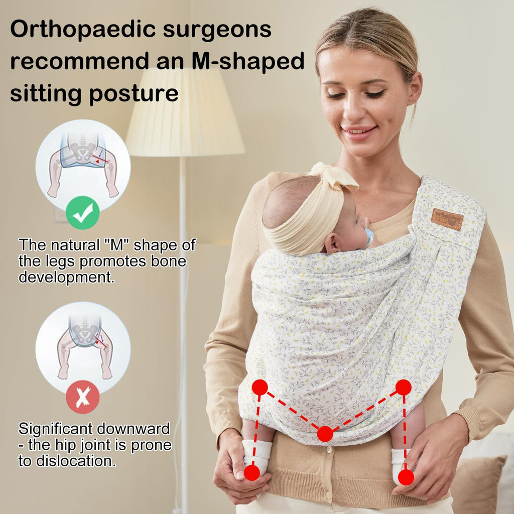 vrbabies Baby Sling Carrier Newborn, Adjustable Easy Wearing Baby Nursing Warp Sling, New Mom Dad Soft Cotton Baby Front Holder Carrier for Infant Toddler Life Travel Essential Gifts (Yellow Flower)
