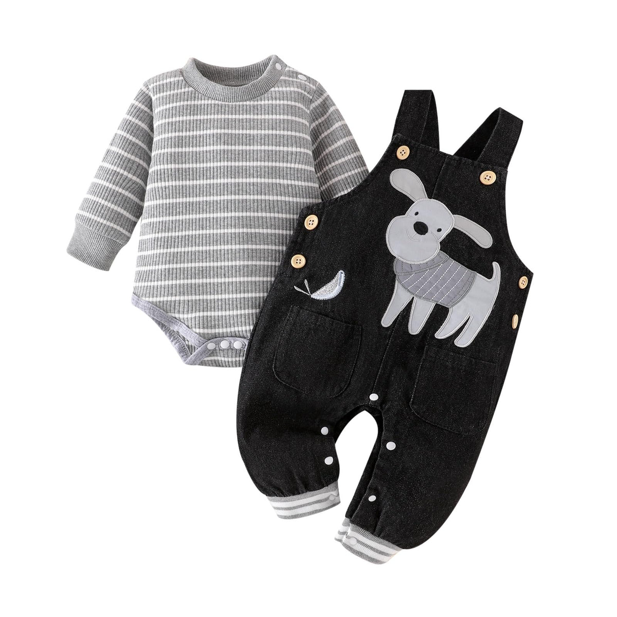 3-6 Month Boy Clothes Baby Fall Winter Newborn Fashion Outfits Infant Long Sleeve Striped Romper Cute Dog Cartoon Button Jeans Overalls Pants Set Blue 3-6 Months
