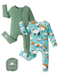 PATPAT 2-Pack Bamboo Viscose Baby Footie, with Anti-Slip Grips Green Meadow Newborn