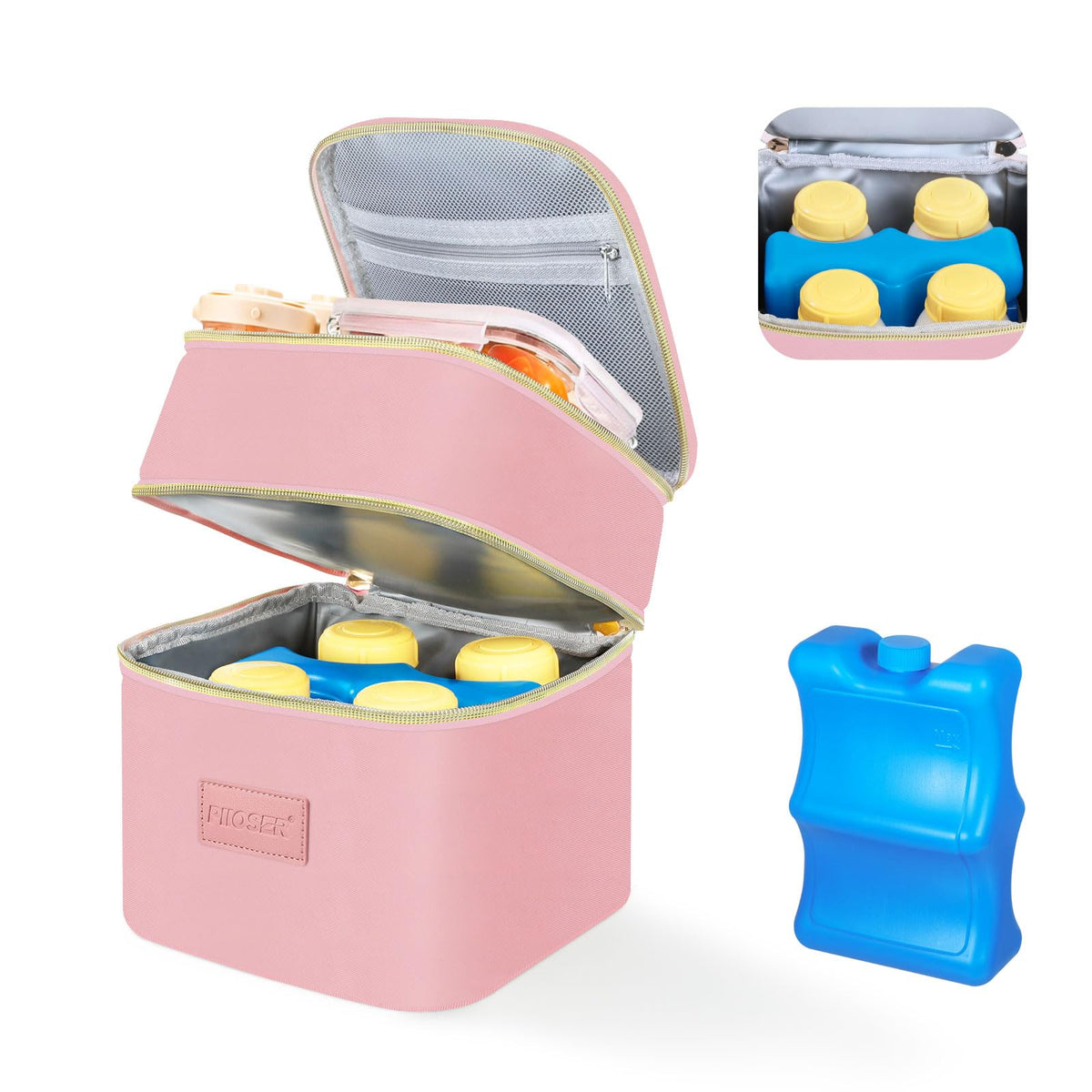 PIIOSER Insulated Baby Cooler Bag with Ice Pack, Fits 4 Baby Bottles Up to 5 Ounce, Portable Breastmilk Cooler Travel Bag with Buckle for Nursing & Working Mom Daycare, Cream