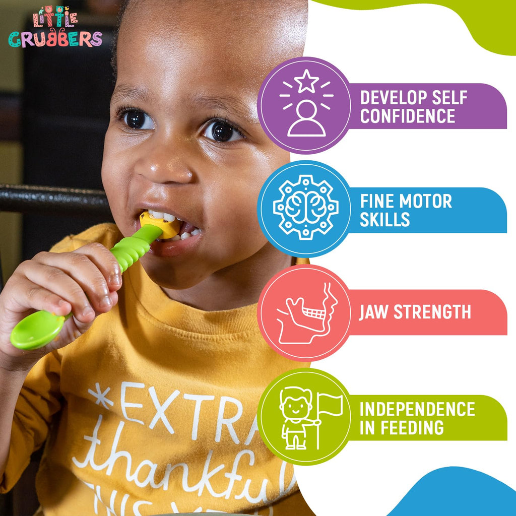 Little Grubbers 3-in-1 Silicone Baby Spoon Self Feeding 6+ Months - Pediatric OT Designed Teether Spoon, BPA Free Toddler Utensils, Mess-Free, Fun for Baby Led Weaning Supplies, Duck & Tiger