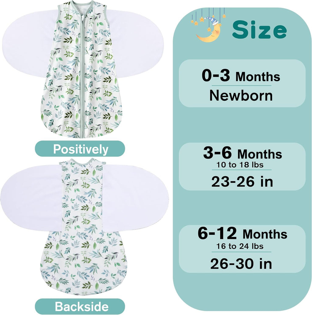 BSTOPPT Newborn Sleep Sack Baby Swaddle,6-12 Months,3-Way Adjustable Wearable Blanket,100% Rayon Cotton Swaddling Sleeping Bag，TOG 0.5（Banana&Leaf）