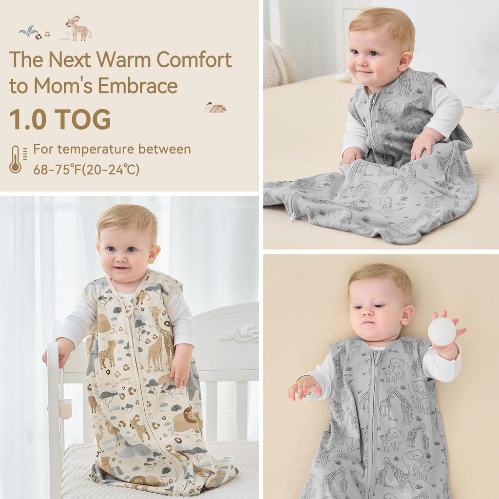 Unnivoll Baby Sleep Sack 12-18 Months 1.0 Tog Baby Wearable Blanket 100% Cotton Sleeping Sack with 2-Way Zipper for Toddler Infant Apricot & Gray Elephant