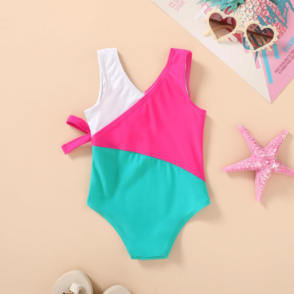 Happy Town Toddler Swimsuit Girl One Piece Bathing Suit Color Block Swimwear Baby Summer Beach Wear(6-7 Years,White Pink Blue)