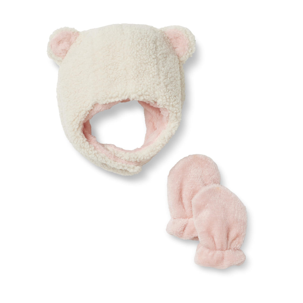 Amazon Essentials x Sofia Grainge Unisex Babies' Plush Faux Fur Hat and Mittens Set, Ivory, 3-6 Months