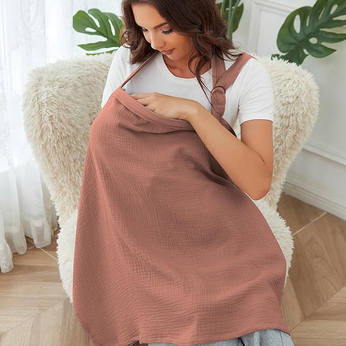 Nursing Cover for Baby Breastfeeding with Rigid Hoop, Breathable Soft 100% Muslin Cotton, Baby Breast Feeding & Pumping Apron (Wine red)