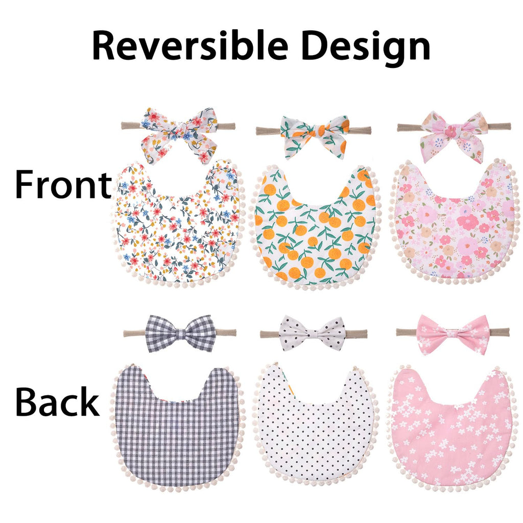 Esumun Baby Girls Reversible Floral Print Bibs Saliva Towel Set, Flounce Edged Burp Cloth and Bow Headband for Newborn Infant Toddlers(SET A)