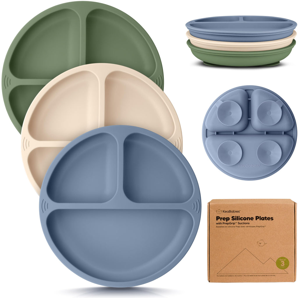 KeaBabies Suction Plates for Baby, Toddler, 3-Pack, 100% Silicone (Slate)
