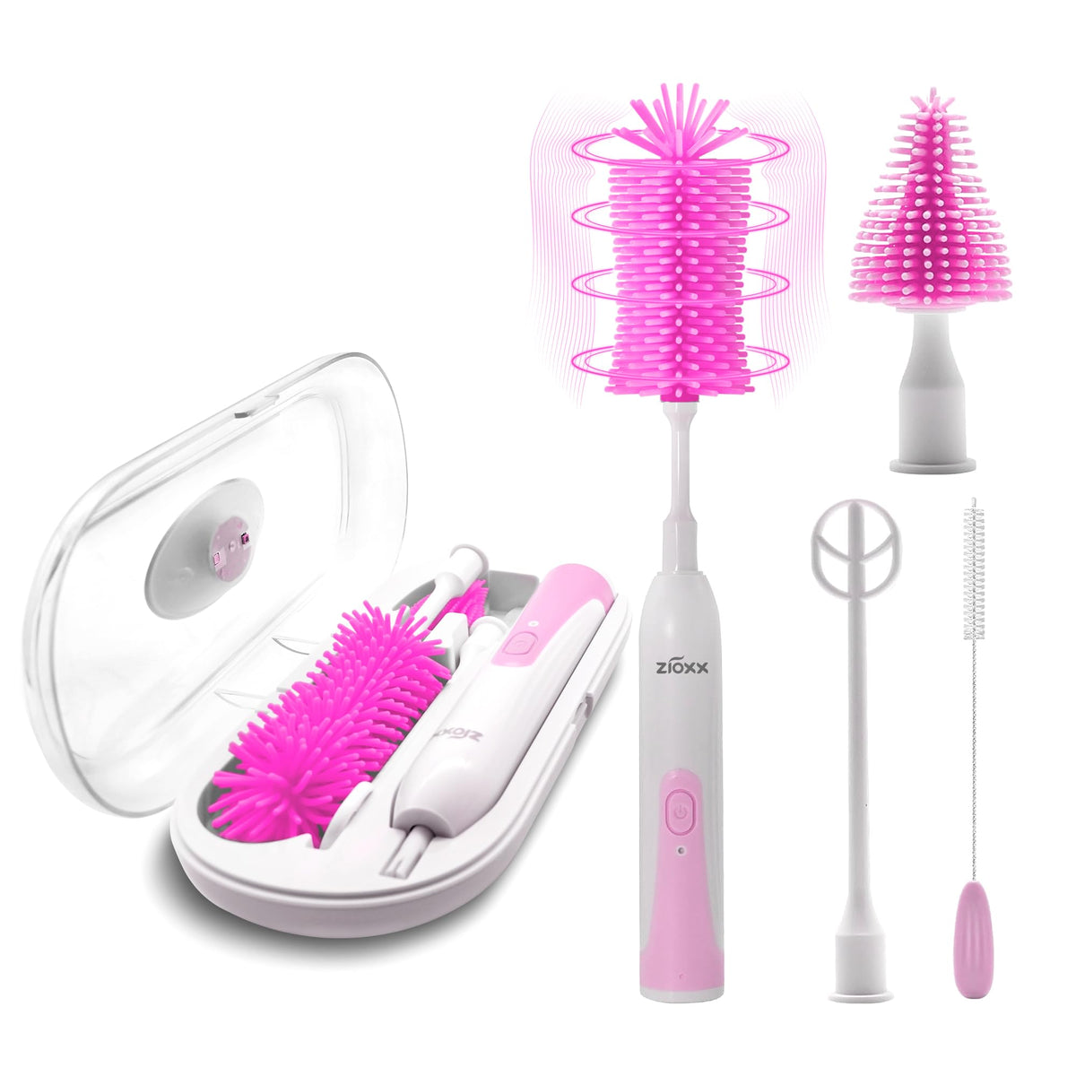 Electric Bottle Brush Cleaner, Portable Electric Baby Bottle Brush Cleaner for Travel, Rechargable Travel Bottle Cleaner Kit with Nipple & Straw Brush, Perfect Mom Essentials After Birth Gift, Pink