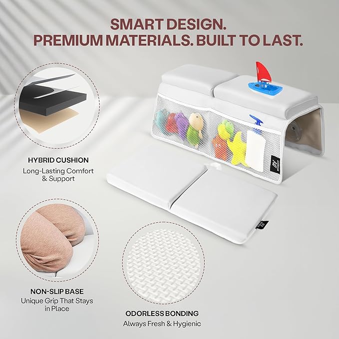 Baby Bath Kneeler & Elbow Rest Pad – Extra Thick Foam Pads for Comfort | Non-Slip, Machine Washable with Mesh Pockets & Suction Cups | Bonus Baby Brush & Washcloth – Thoughtful Gift for New Parents