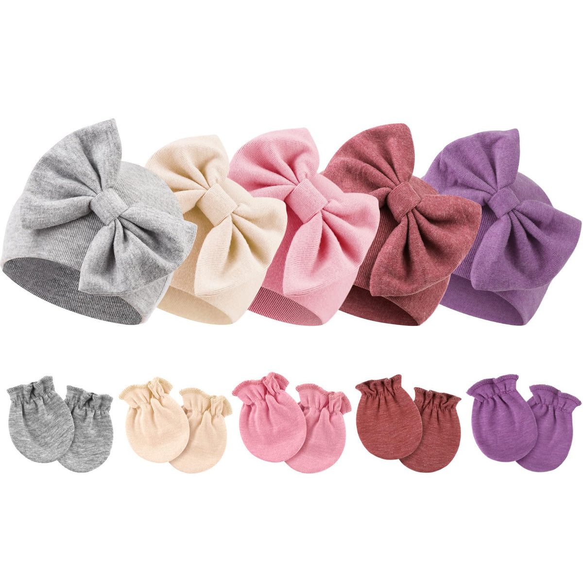 BQUBO Newborn Baby Girls Hats Mittens Set Hospital Hat Beanie Infant Bow Hats Baby Cotton Gloves No Scratch Mittens for 0-6 Months