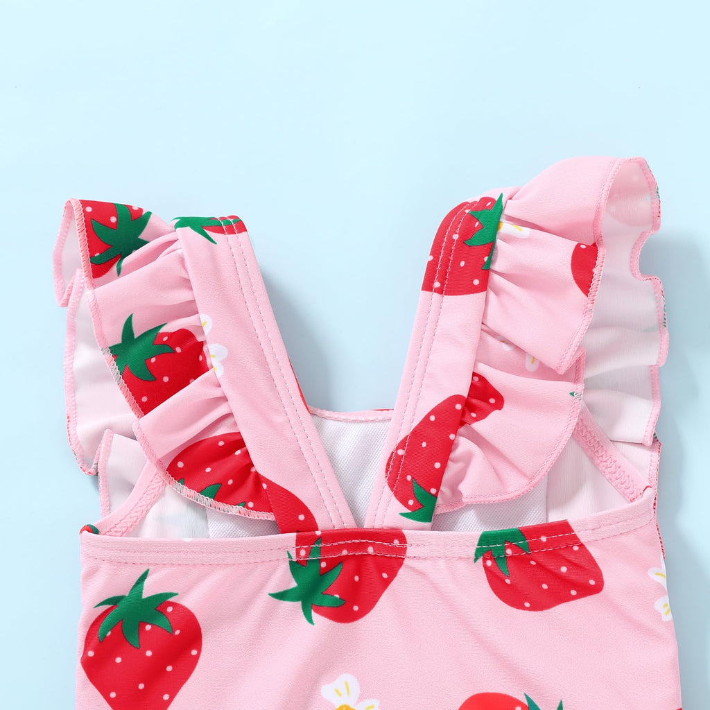 Happy Town One-Piece Infant Toddler Baby Girl Summer Swimsuit Watermelon Leopard Ruffle Swimwear Bikini Bathing Suit (Strawberry, 2-3 Years)