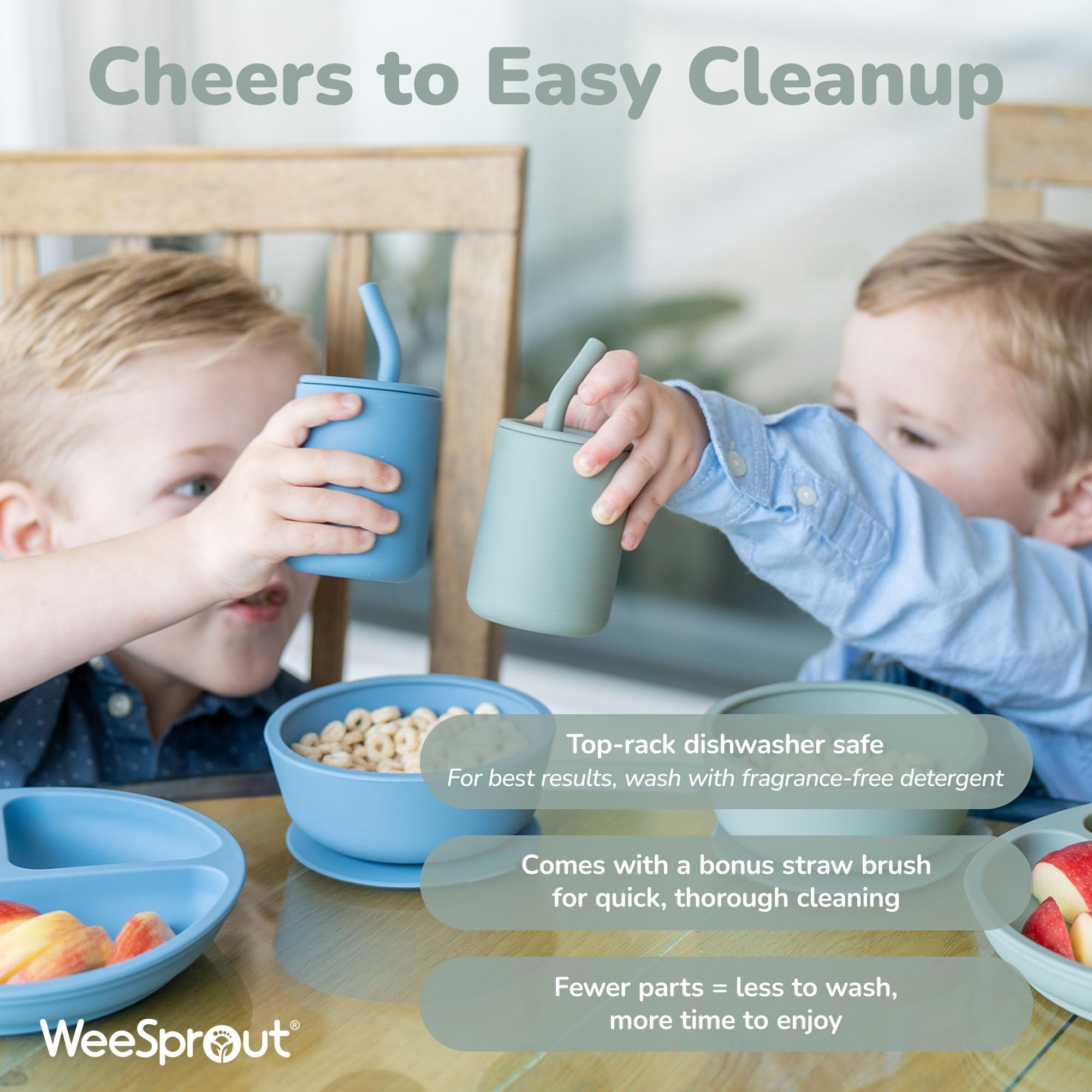 WeeSprout Silicone Baby Cups With Straws and Lids, 4 & 8 oz Options, Set of 2, Food Grade Toddler Training Container, Built In Straw Stoppers, Measurement Markings, Dishwasher Safe + Straw Cleaner