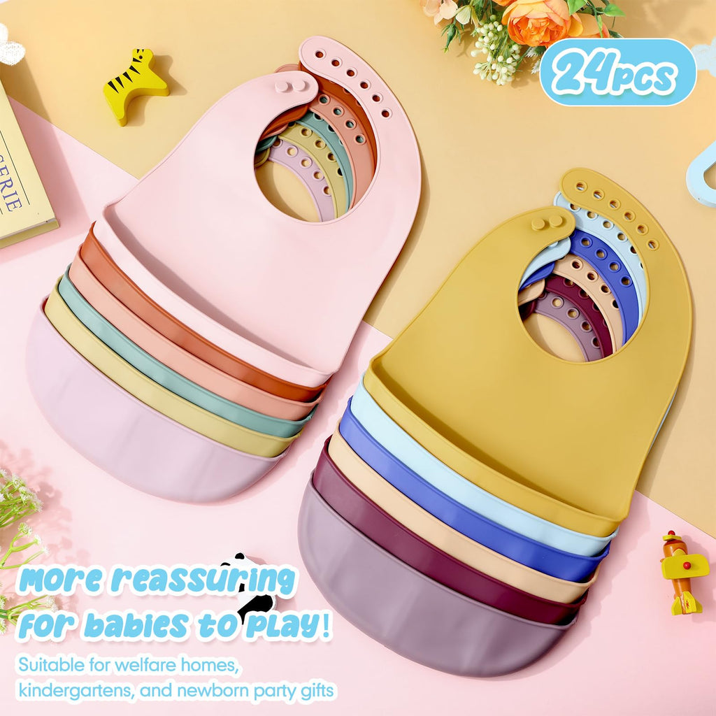 Mepase 24 Pcs Silicone Bibs Waterproof Silicone Baby Bibs Soft Adjustable Baby Feeding Unisex Kid Eating Supplies (Classic Color)