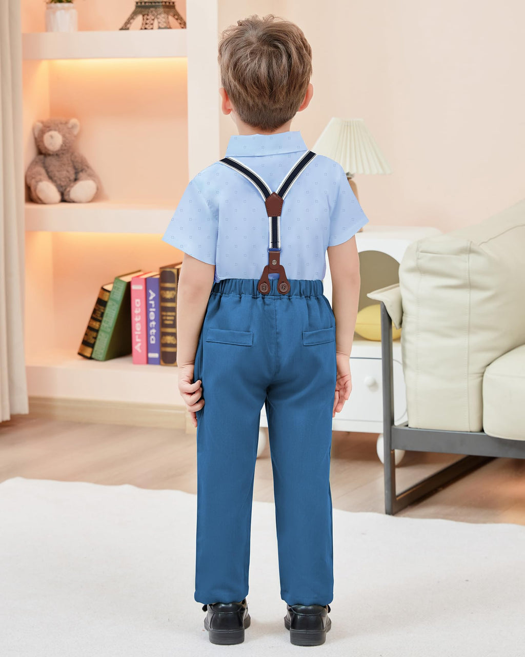 Boys Suit Boys Wedding Suit Blue Boy Dress Shirt with Bowtie/Suspender Pants Big Kid Gentleman Outfits 9-10 Years.