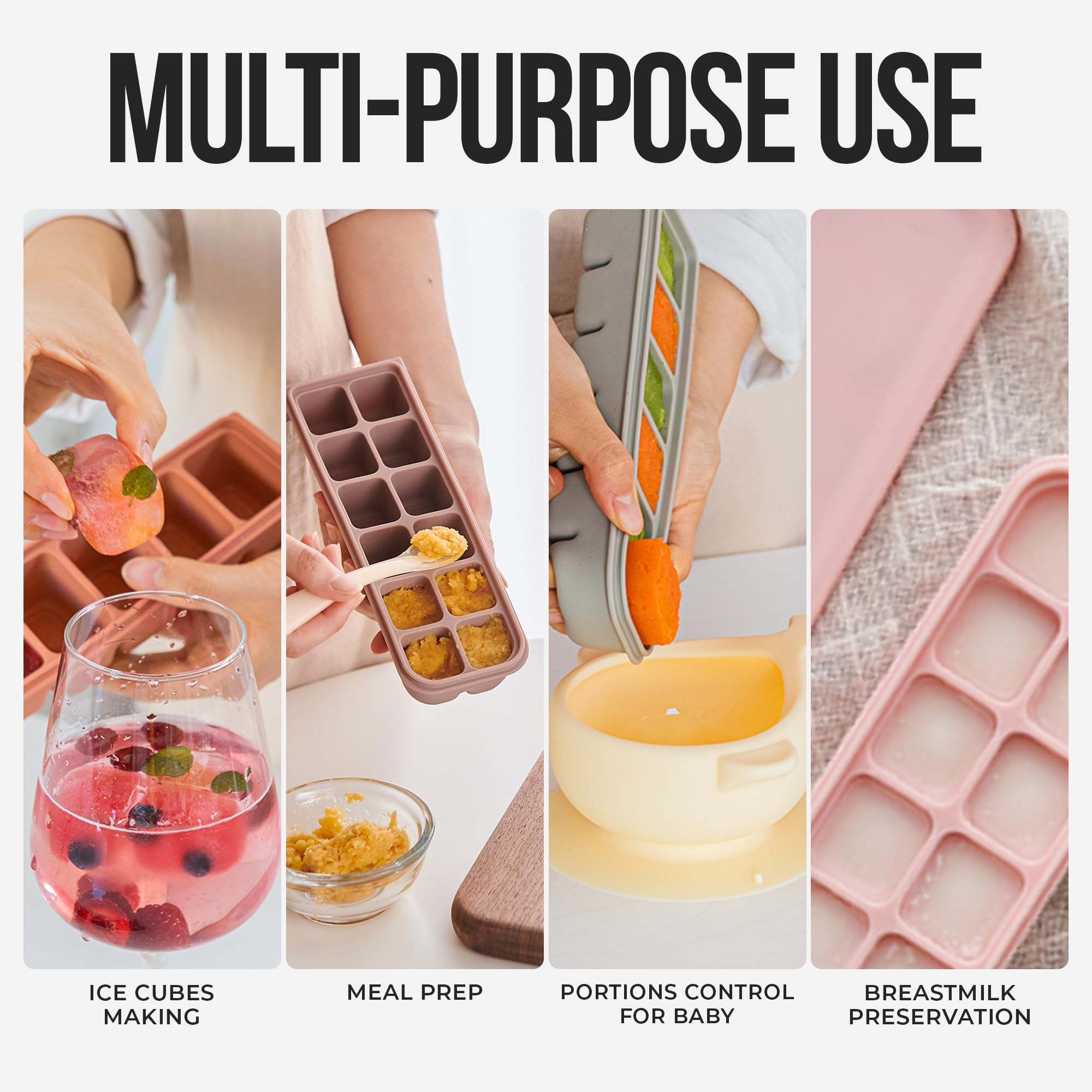 Firgi 1.7 oz/4 Sections Silicone Ice Cube Freezer Tray with Lid, 100% Food-Grade Platinum Silicone,Leak Resistance & Dishwasher Safe for Baby Food Prep,Breast Milk,Purees - Korean Made, Brown