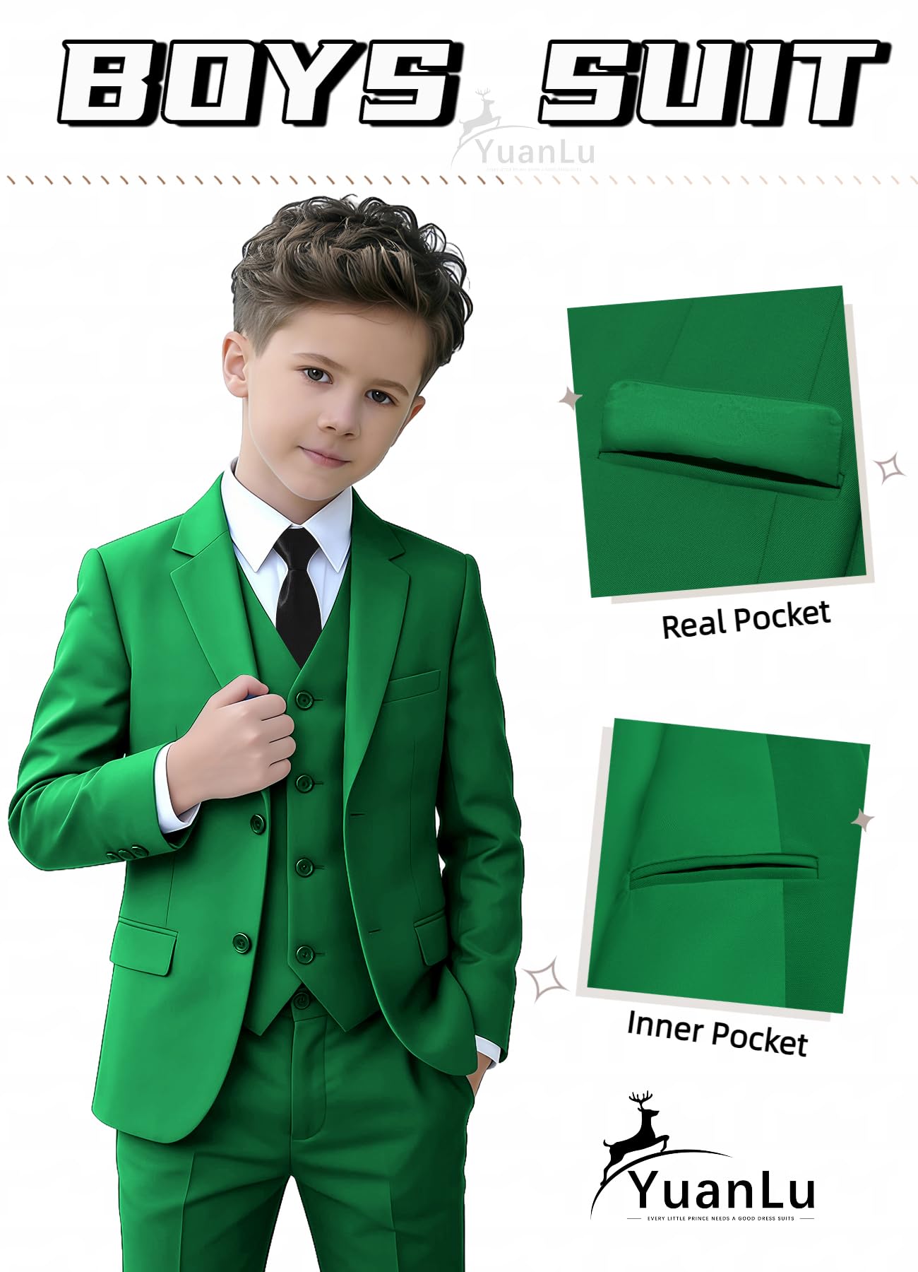 YuanLu Kids Suit for Boys Slim Fit Green Outfit Christmas Tuxedo Size 8