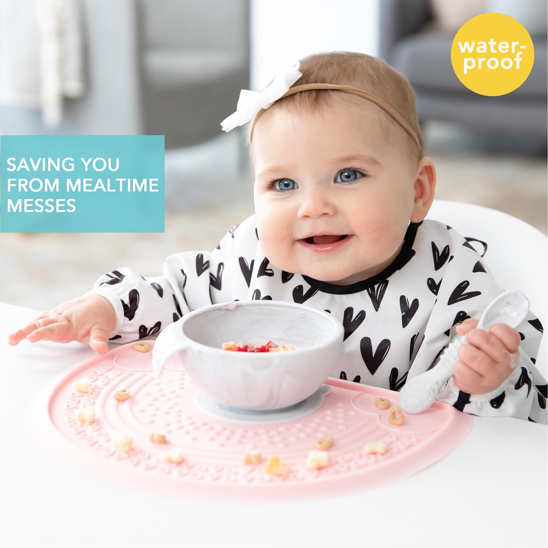 Bumkins Sleeved Bib for Girl or Boy, Baby and Toddler for 6-24 Months, Essential Must Have for Eating, Feeding, Baby Led Weaning Supplies, Long Sleeve Mess Saving Food Catcher, Hearts Black and White
