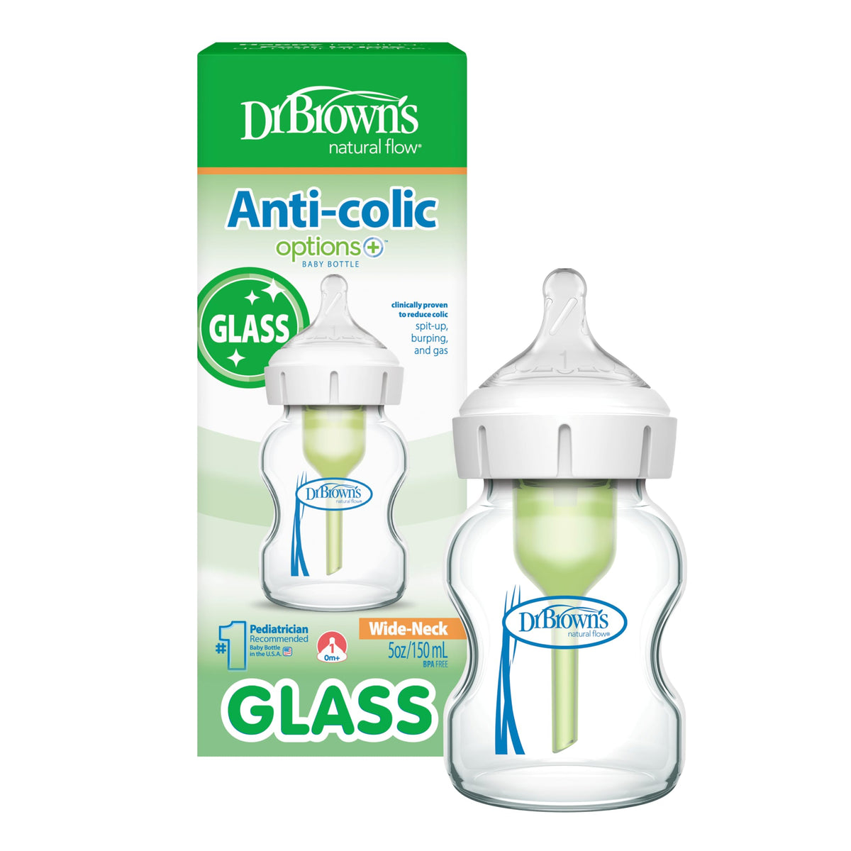 Dr. Brown's Anti-Colic Options+ Wide-Neck Glass Baby Bottle, 9 oz, 3-Pack